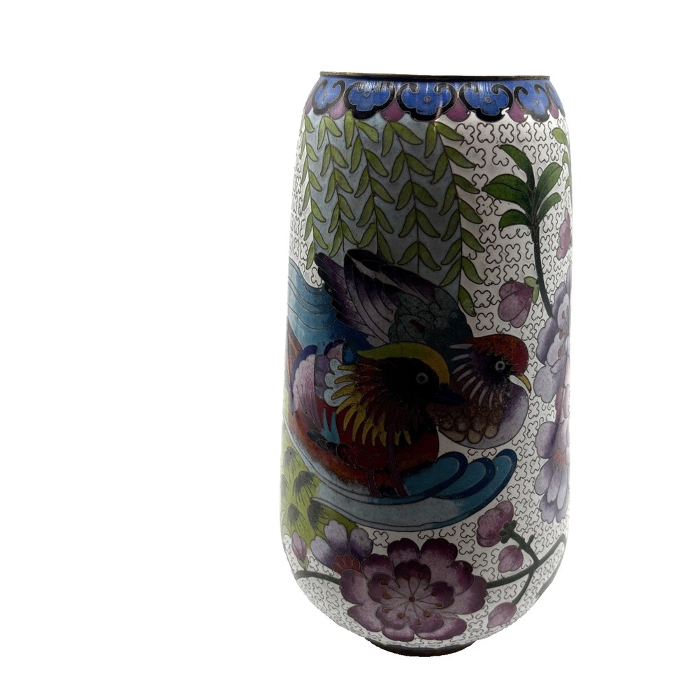 Chinese Antique Cloisonne Vase Mandarin Ducks Flowers Nature Pottery Multi-Color